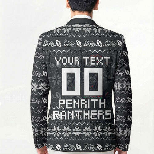 Personalized Penrith Panthers Christmas Blazer Australian Rugby Fans - Pixelated Ugly Xmas Pattern Mascot Santa