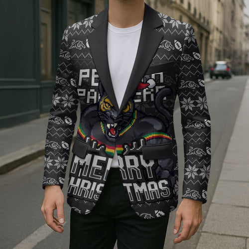 Personalized Penrith Panthers Christmas Blazer Australian Rugby Fans - Pixelated Ugly Xmas Pattern Mascot Santa