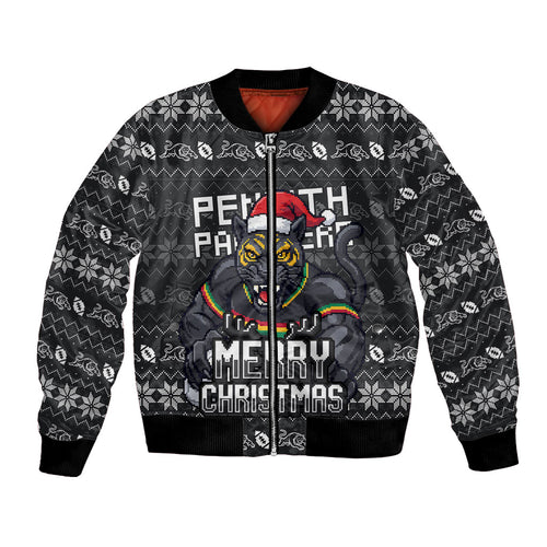 Personalized Penrith Panthers Christmas Bomber Jacket Australian Rugby Fans - Pixelated Ugly Xmas Pattern Mascot Santa