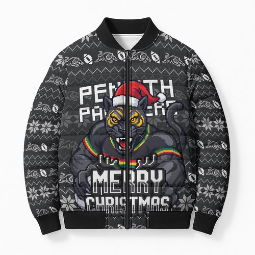 Personalized Penrith Panthers Christmas Bomber Puffer Jacket Australian Rugby Fans - Pixelated Ugly Xmas Pattern Mascot Santa