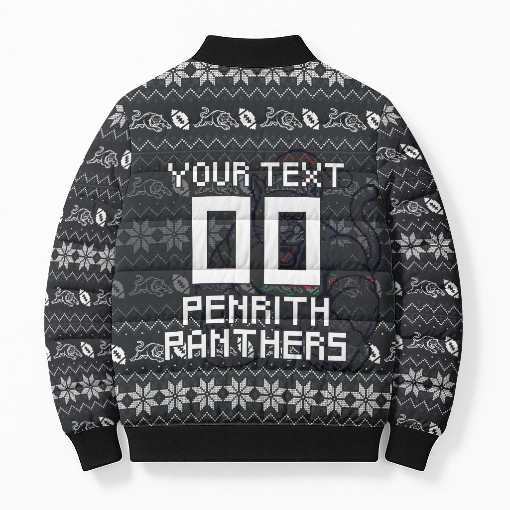 Personalized Penrith Panthers Christmas Bomber Puffer Jacket Australian Rugby Fans - Pixelated Ugly Xmas Pattern Mascot Santa