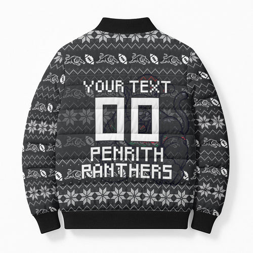 Personalized Penrith Panthers Christmas Bomber Puffer Jacket Australian Rugby Fans - Pixelated Ugly Xmas Pattern Mascot Santa