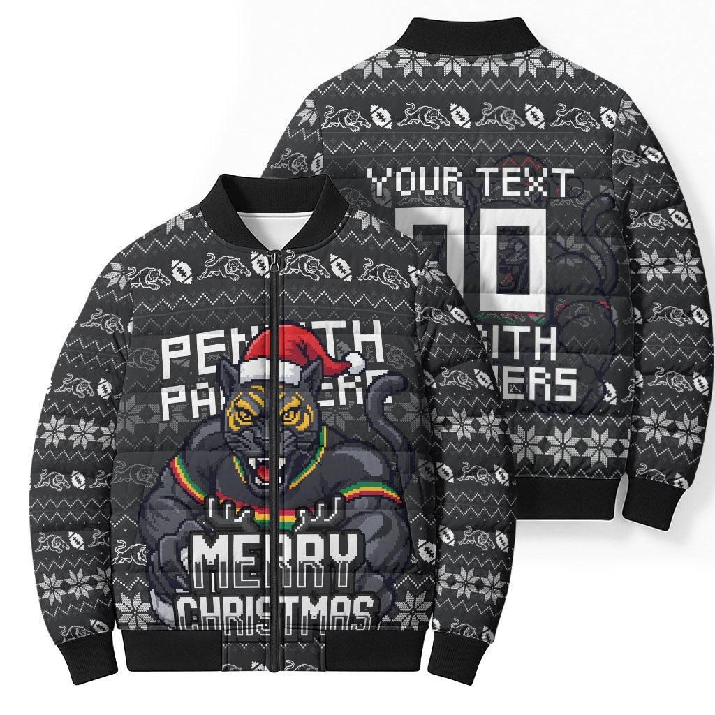 Personalized Penrith Panthers Christmas Bomber Puffer Jacket Australian Rugby Fans - Pixelated Ugly Xmas Pattern Mascot Santa