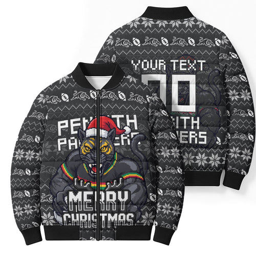 Personalized Penrith Panthers Christmas Bomber Puffer Jacket Australian Rugby Fans - Pixelated Ugly Xmas Pattern Mascot Santa
