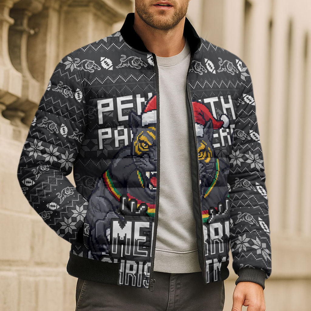 Personalized Penrith Panthers Christmas Bomber Puffer Jacket Australian Rugby Fans - Pixelated Ugly Xmas Pattern Mascot Santa