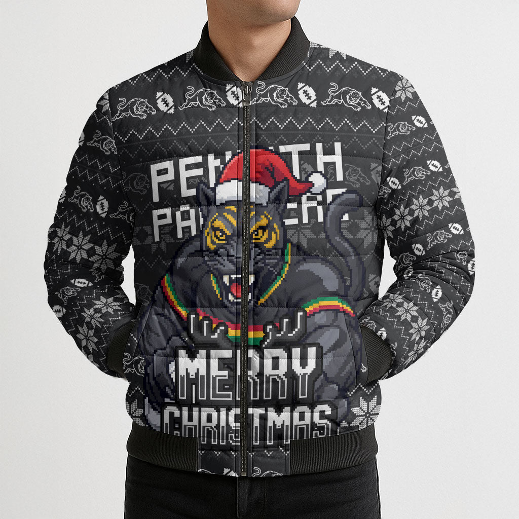 Personalized Penrith Panthers Christmas Bomber Puffer Jacket Australian Rugby Fans - Pixelated Ugly Xmas Pattern Mascot Santa