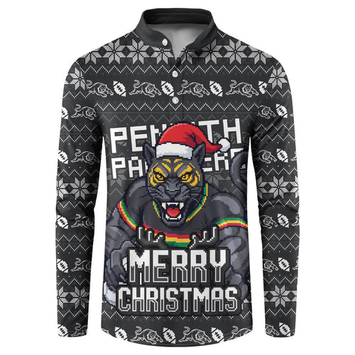 Personalized Penrith Panthers Christmas Button Sweatshirt Australian Rugby Fans - Pixelated Ugly Xmas Pattern Mascot Santa
