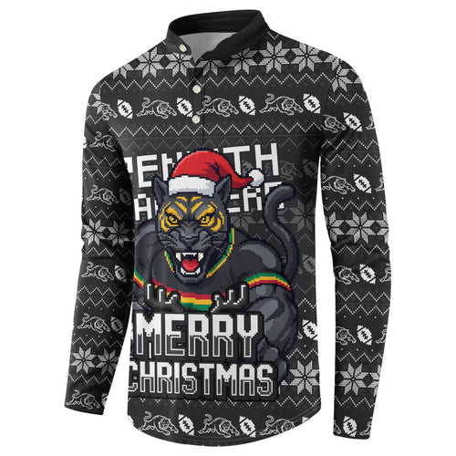 Personalized Penrith Panthers Christmas Button Sweatshirt Australian Rugby Fans - Pixelated Ugly Xmas Pattern Mascot Santa