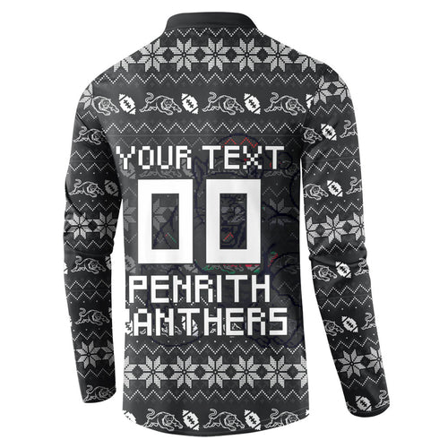 Personalized Penrith Panthers Christmas Button Sweatshirt Australian Rugby Fans - Pixelated Ugly Xmas Pattern Mascot Santa