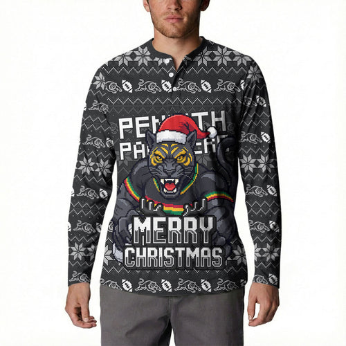 Personalized Penrith Panthers Christmas Button Sweatshirt Australian Rugby Fans - Pixelated Ugly Xmas Pattern Mascot Santa