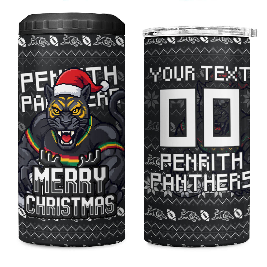 Personalized Penrith Panthers Christmas 4 in 1 Can Cooler Tumbler Australian Rugby Fans - Pixelated Ugly Xmas Pattern Mascot Santa
