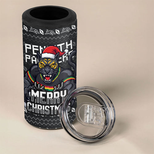Personalized Penrith Panthers Christmas 4 in 1 Can Cooler Tumbler Australian Rugby Fans - Pixelated Ugly Xmas Pattern Mascot Santa