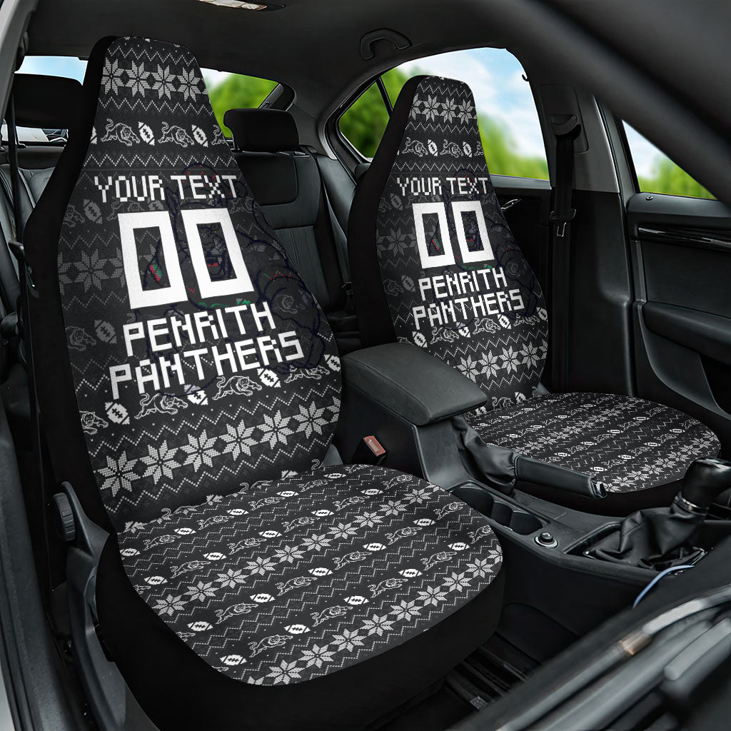 Personalized Penrith Panthers Christmas Car Seat Cover Australian Rugby Fans - Pixelated Ugly Xmas Pattern Mascot Santa