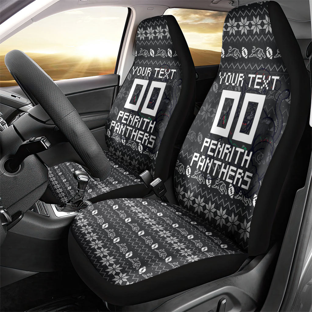 Personalized Penrith Panthers Christmas Car Seat Cover Australian Rugby Fans - Pixelated Ugly Xmas Pattern Mascot Santa