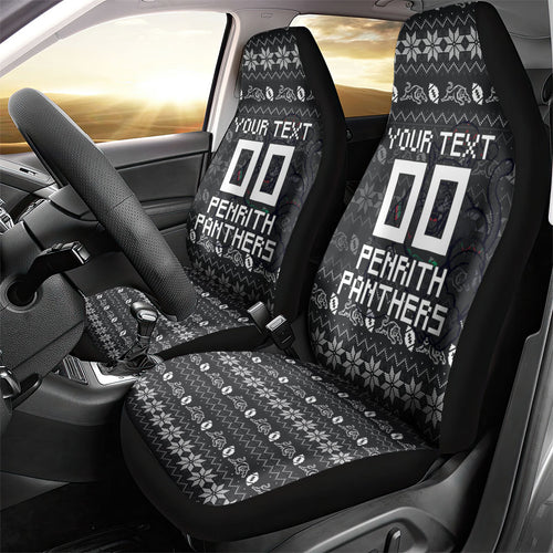 Personalized Penrith Panthers Christmas Car Seat Cover Australian Rugby Fans - Pixelated Ugly Xmas Pattern Mascot Santa