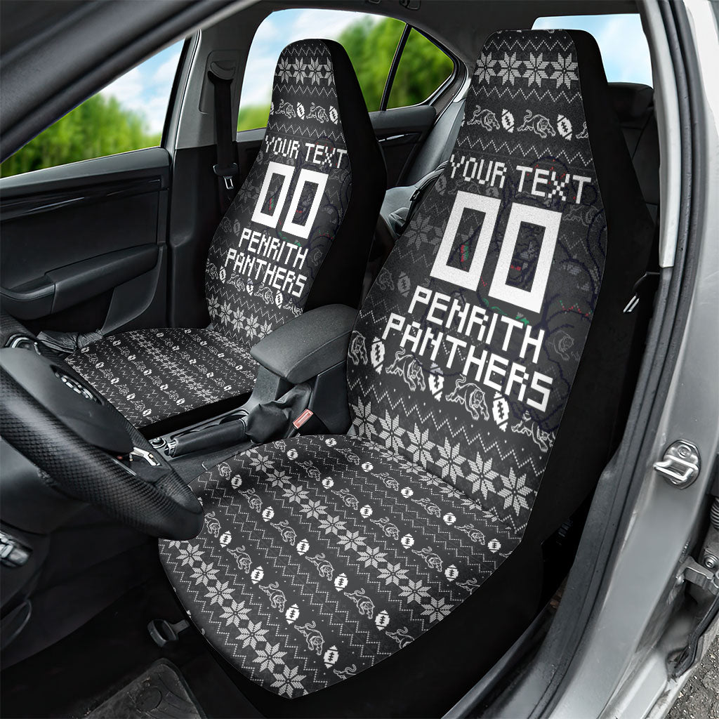 Personalized Penrith Panthers Christmas Car Seat Cover Australian Rugby Fans - Pixelated Ugly Xmas Pattern Mascot Santa