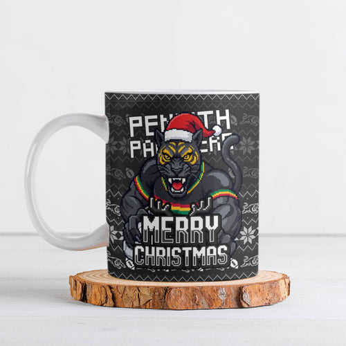 Personalized Penrith Panthers Christmas Ceramic Mug Australian Rugby Fans - Pixelated Ugly Xmas Pattern Mascot Santa