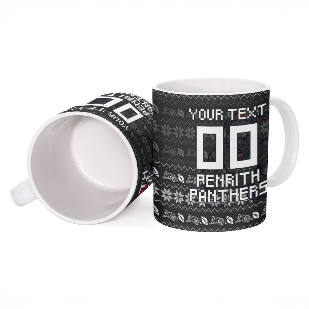 Personalized Penrith Panthers Christmas Ceramic Mug Australian Rugby Fans - Pixelated Ugly Xmas Pattern Mascot Santa