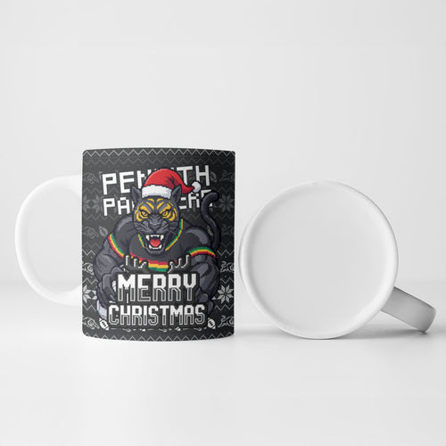 Personalized Penrith Panthers Christmas Ceramic Mug Australian Rugby Fans - Pixelated Ugly Xmas Pattern Mascot Santa