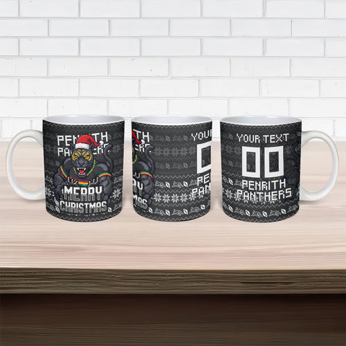 Personalized Penrith Panthers Christmas Ceramic Mug Australian Rugby Fans - Pixelated Ugly Xmas Pattern Mascot Santa