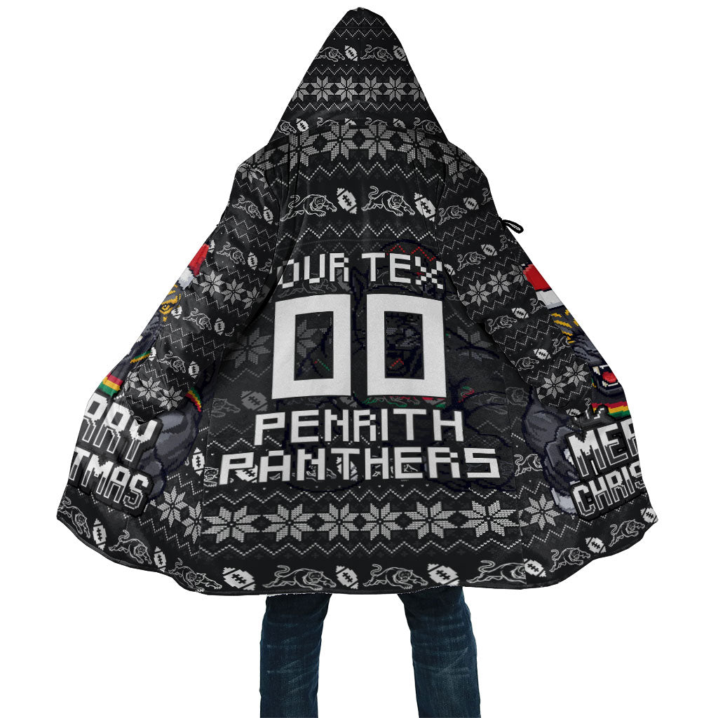 Personalized Penrith Panthers Christmas Cloak Australian Rugby Fans - Pixelated Ugly Xmas Pattern Mascot Santa