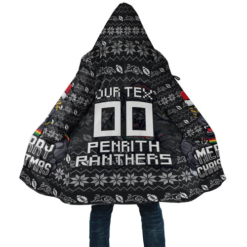 Personalized Penrith Panthers Christmas Cloak Australian Rugby Fans - Pixelated Ugly Xmas Pattern Mascot Santa