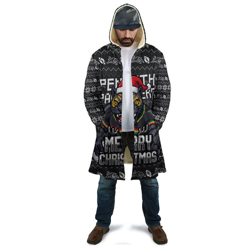 Personalized Penrith Panthers Christmas Cloak Australian Rugby Fans - Pixelated Ugly Xmas Pattern Mascot Santa