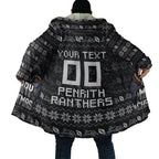 Personalized Penrith Panthers Christmas Cloak Australian Rugby Fans - Pixelated Ugly Xmas Pattern Mascot Santa