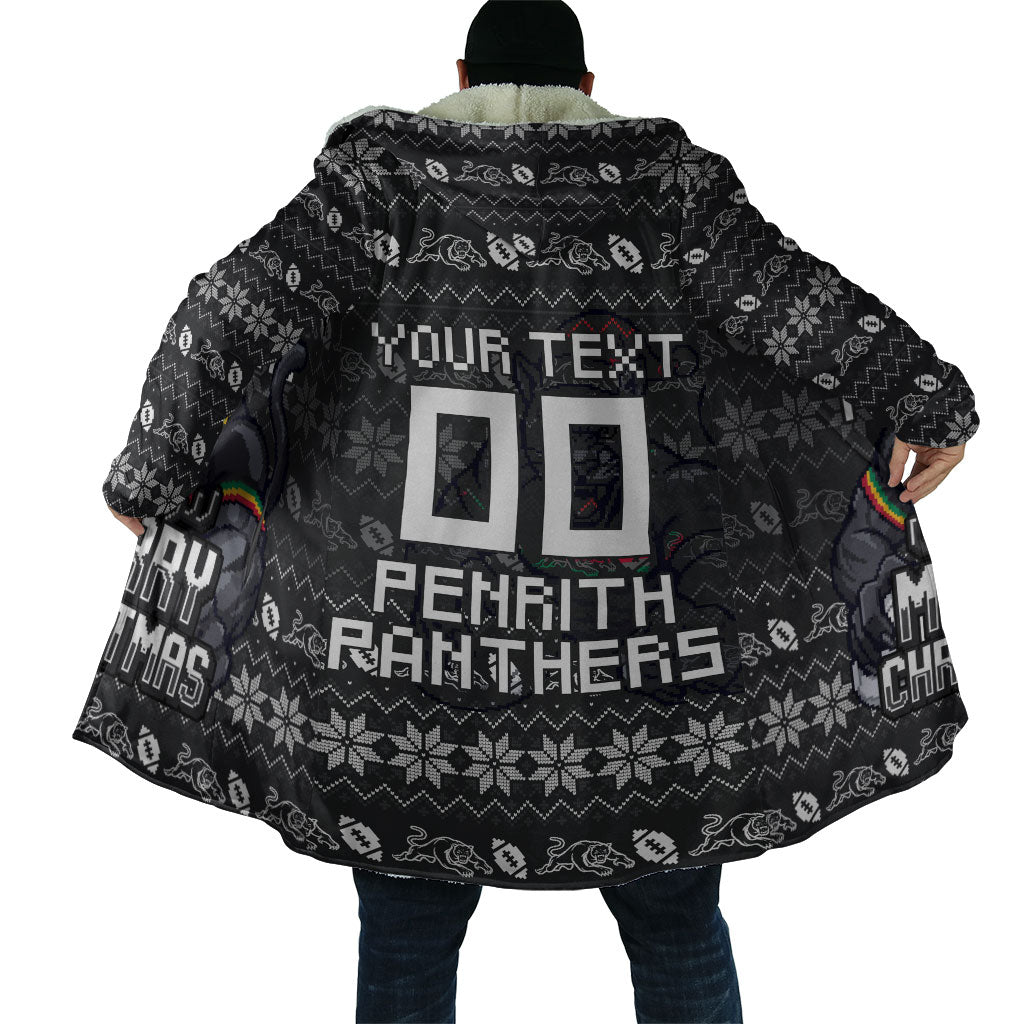 Personalized Penrith Panthers Christmas Cloak Australian Rugby Fans - Pixelated Ugly Xmas Pattern Mascot Santa