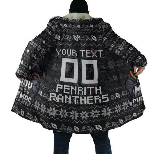 Personalized Penrith Panthers Christmas Cloak Australian Rugby Fans - Pixelated Ugly Xmas Pattern Mascot Santa
