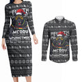 Personalized Penrith Panthers Christmas Couples Matching Long Sleeve Bodycon Dress and Long Sleeve Button Shirt Australian Rugby Fans - Pixelated Ugly Xmas Pattern Mascot Santa