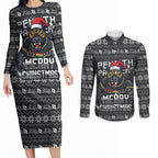 Personalized Penrith Panthers Christmas Couples Matching Long Sleeve Bodycon Dress and Long Sleeve Button Shirt Australian Rugby Fans - Pixelated Ugly Xmas Pattern Mascot Santa