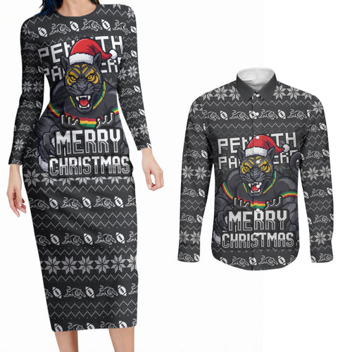 Personalized Penrith Panthers Christmas Couples Matching Long Sleeve Bodycon Dress and Long Sleeve Button Shirt Australian Rugby Fans - Pixelated Ugly Xmas Pattern Mascot Santa