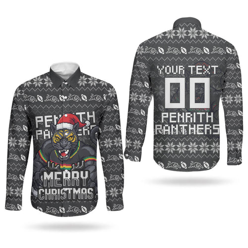 Personalized Penrith Panthers Christmas Couples Matching Long Sleeve Bodycon Dress and Long Sleeve Button Shirt Australian Rugby Fans - Pixelated Ugly Xmas Pattern Mascot Santa