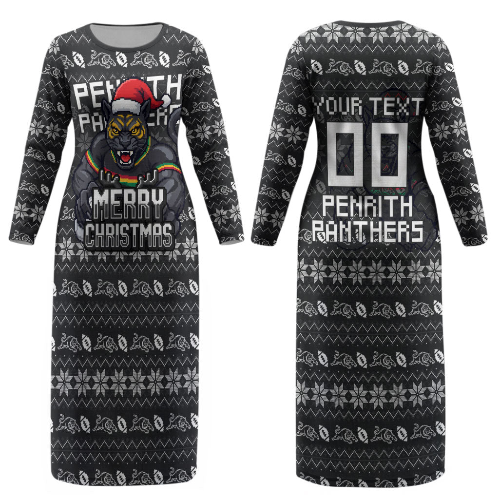 Personalized Penrith Panthers Christmas Couples Matching Long Sleeve Bodycon Dress and Long Sleeve Button Shirt Australian Rugby Fans - Pixelated Ugly Xmas Pattern Mascot Santa