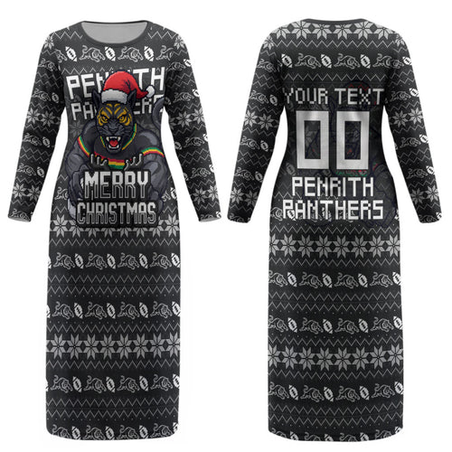 Personalized Penrith Panthers Christmas Couples Matching Long Sleeve Bodycon Dress and Long Sleeve Button Shirt Australian Rugby Fans - Pixelated Ugly Xmas Pattern Mascot Santa