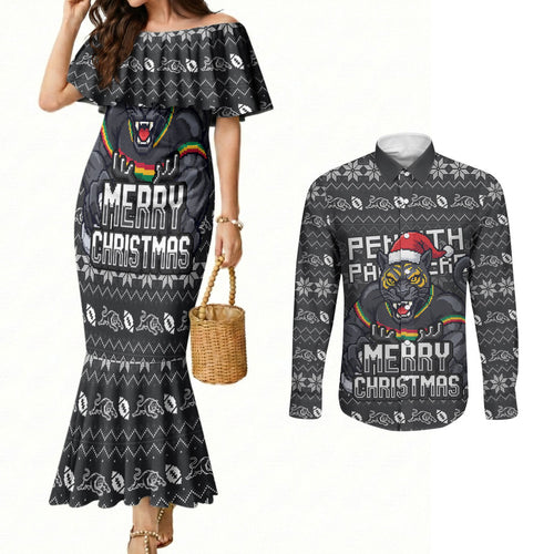 Personalized Penrith Panthers Christmas Couples Matching Mermaid Dress and Long Sleeve Button Shirt Australian Rugby Fans - Pixelated Ugly Xmas Pattern Mascot Santa