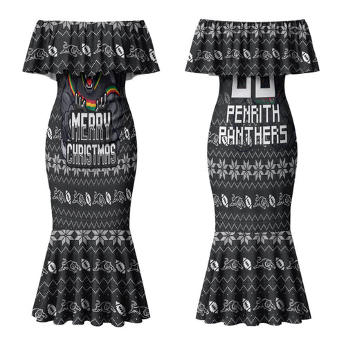 Personalized Penrith Panthers Christmas Couples Matching Mermaid Dress and Long Sleeve Button Shirt Australian Rugby Fans - Pixelated Ugly Xmas Pattern Mascot Santa