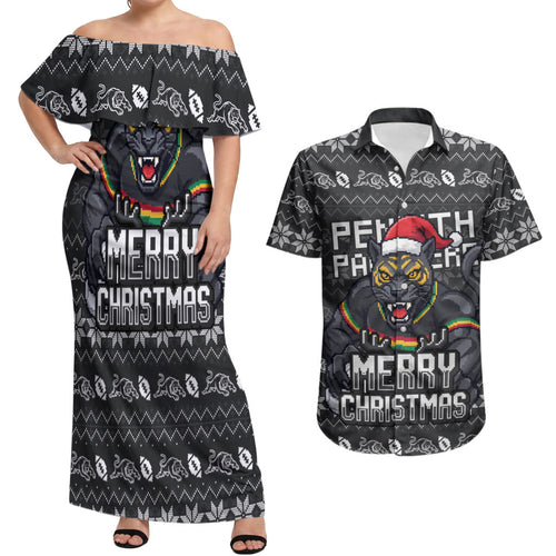 Personalized Penrith Panthers Christmas Couples Matching Off Shoulder Maxi Dress and Hawaiian Shirt Australian Rugby Fans - Pixelated Ugly Xmas Pattern Mascot Santa