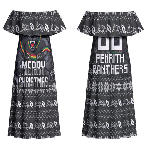 Personalized Penrith Panthers Christmas Couples Matching Off Shoulder Maxi Dress and Long Sleeve Button Shirt Australian Rugby Fans - Pixelated Ugly Xmas Pattern Mascot Santa