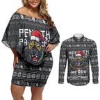Personalized Penrith Panthers Christmas Couples Matching Off Shoulder Short Dress and Long Sleeve Button Shirt Australian Rugby Fans - Pixelated Ugly Xmas Pattern Mascot Santa