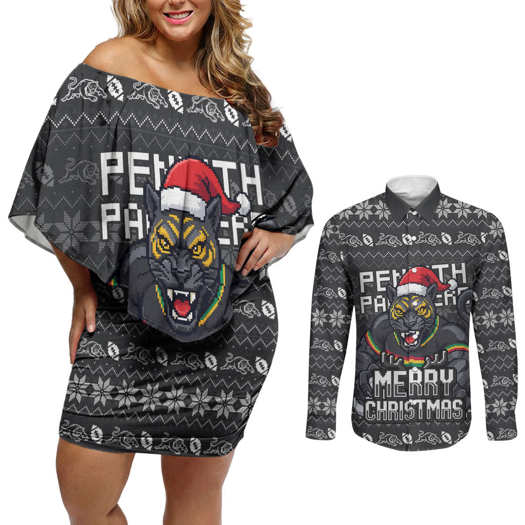Personalized Penrith Panthers Christmas Couples Matching Off Shoulder Short Dress and Long Sleeve Button Shirt Australian Rugby Fans - Pixelated Ugly Xmas Pattern Mascot Santa