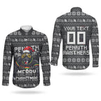 Personalized Penrith Panthers Christmas Couples Matching Off Shoulder Short Dress and Long Sleeve Button Shirt Australian Rugby Fans - Pixelated Ugly Xmas Pattern Mascot Santa