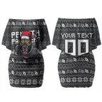 Personalized Penrith Panthers Christmas Couples Matching Off Shoulder Short Dress and Long Sleeve Button Shirt Australian Rugby Fans - Pixelated Ugly Xmas Pattern Mascot Santa