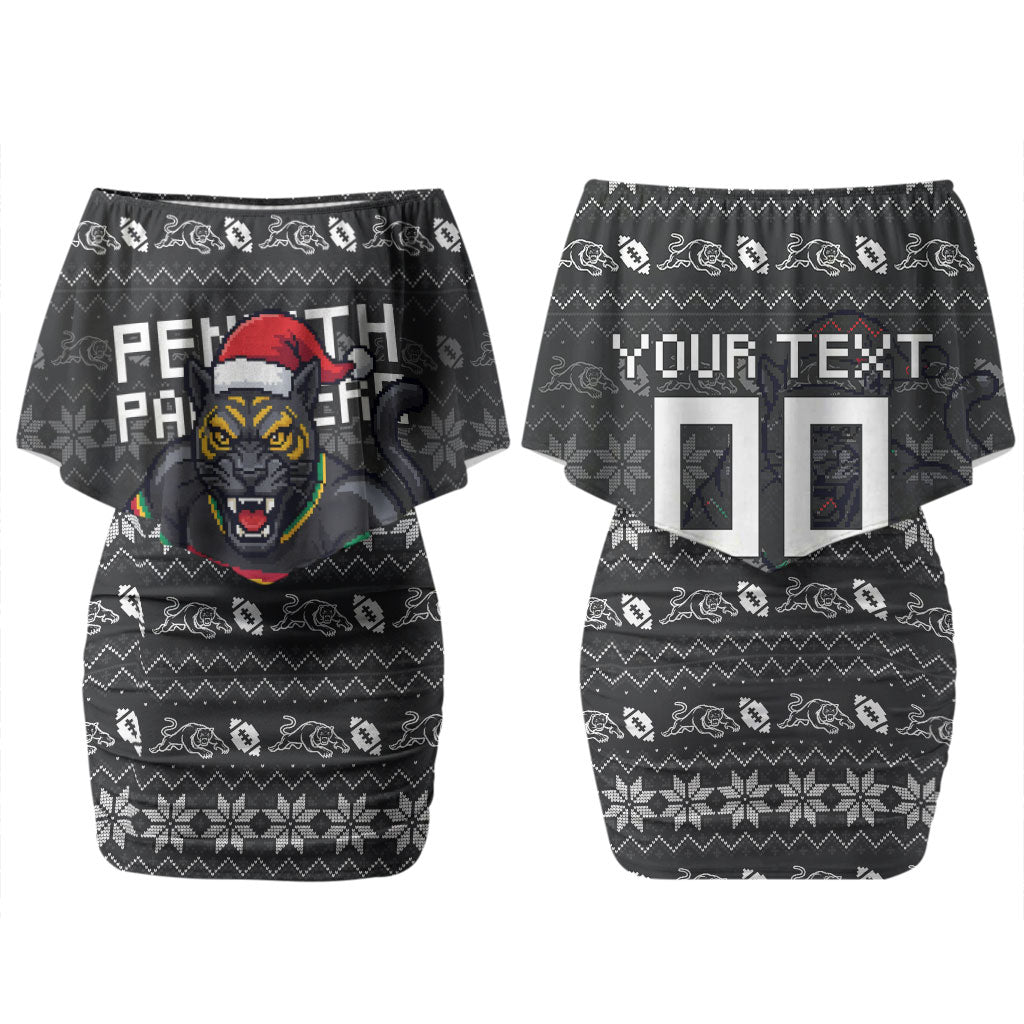 Personalized Penrith Panthers Christmas Couples Matching Off Shoulder Short Dress and Long Sleeve Button Shirt Australian Rugby Fans - Pixelated Ugly Xmas Pattern Mascot Santa