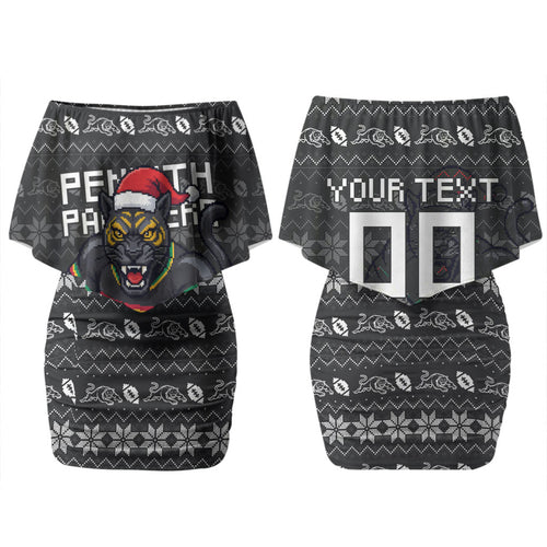 Personalized Penrith Panthers Christmas Couples Matching Off Shoulder Short Dress and Long Sleeve Button Shirt Australian Rugby Fans - Pixelated Ugly Xmas Pattern Mascot Santa