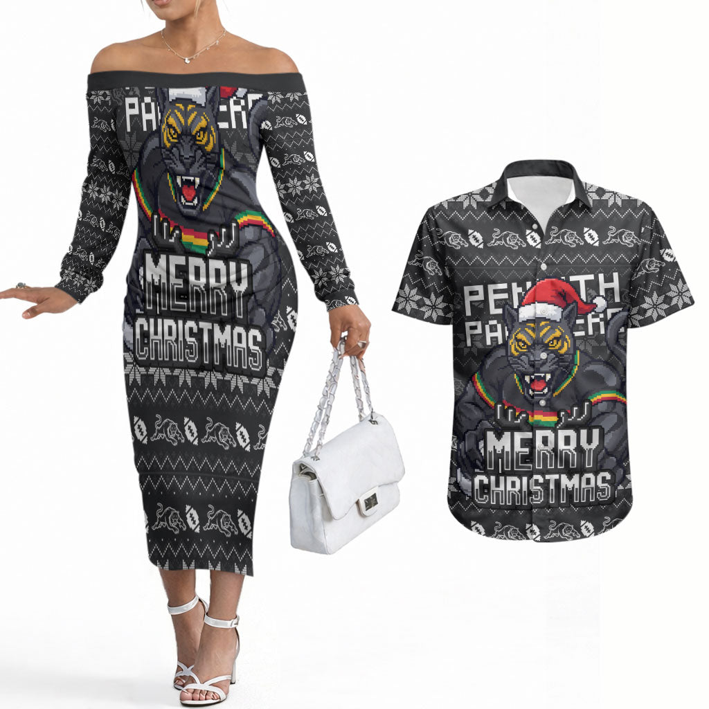 Personalized Penrith Panthers Christmas Couples Matching Off The Shoulder Long Sleeve Dress and Hawaiian Shirt Australian Rugby Fans - Pixelated Ugly Xmas Pattern Mascot Santa