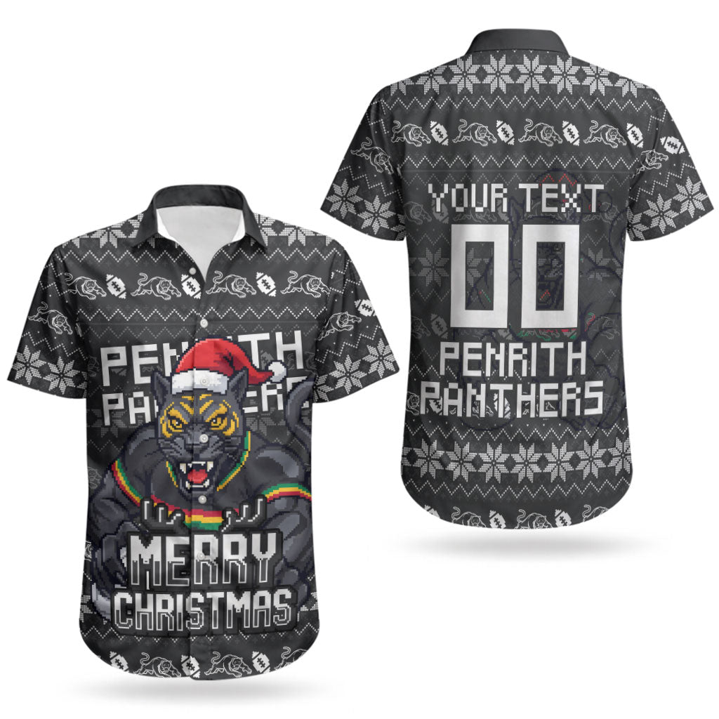 Personalized Penrith Panthers Christmas Couples Matching Off The Shoulder Long Sleeve Dress and Hawaiian Shirt Australian Rugby Fans - Pixelated Ugly Xmas Pattern Mascot Santa