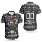 Personalized Penrith Panthers Christmas Couples Matching Off The Shoulder Long Sleeve Dress and Hawaiian Shirt Australian Rugby Fans - Pixelated Ugly Xmas Pattern Mascot Santa