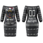 Personalized Penrith Panthers Christmas Couples Matching Off The Shoulder Long Sleeve Dress and Hawaiian Shirt Australian Rugby Fans - Pixelated Ugly Xmas Pattern Mascot Santa